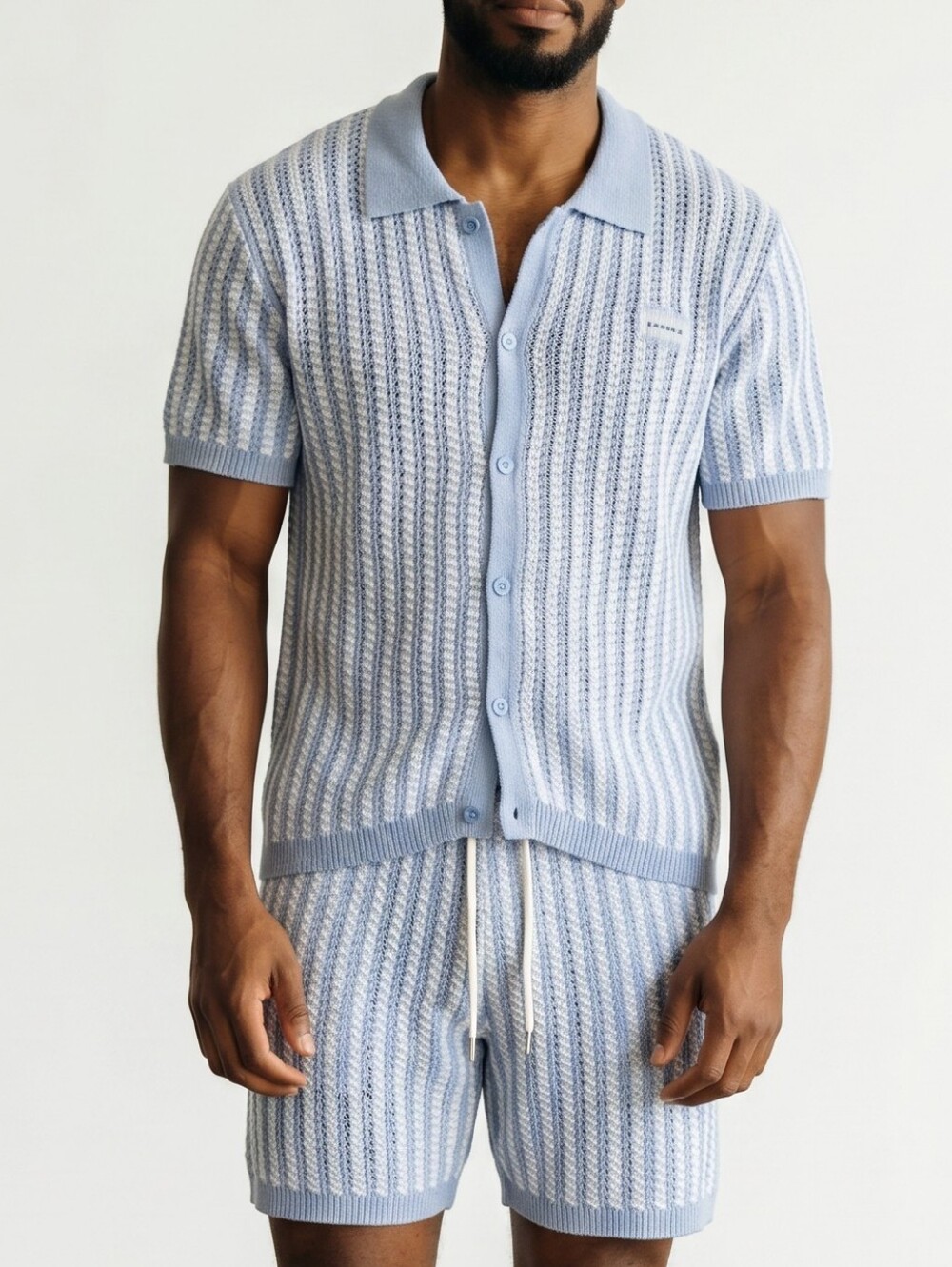 Light Blue Striped Men’s Knit Shorts – Casual Summer Set